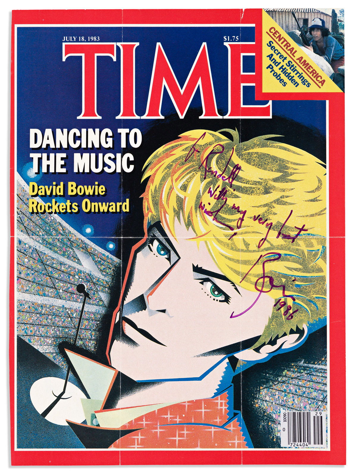BOWIE, DAVID. Time magazine cover Signed and Inscribed, For Randall / With my very best / wishes / Bowie / 1986,